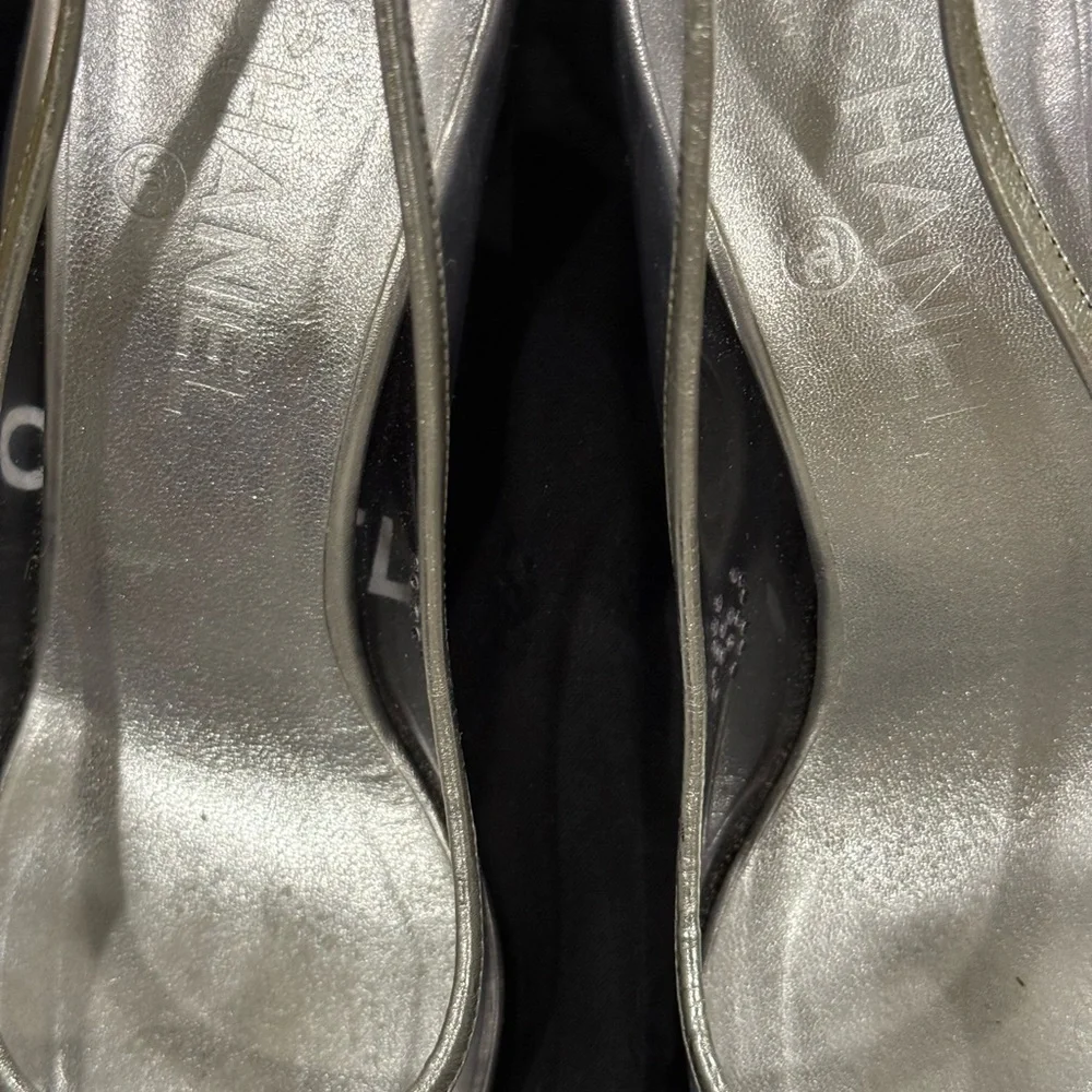 Vintage Chanel Silver Cap Toe Leather and PVC Pumps